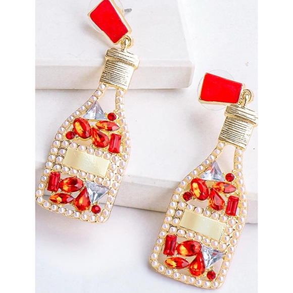 Red Champagne Bottle Earrings - Picture 3 of 8